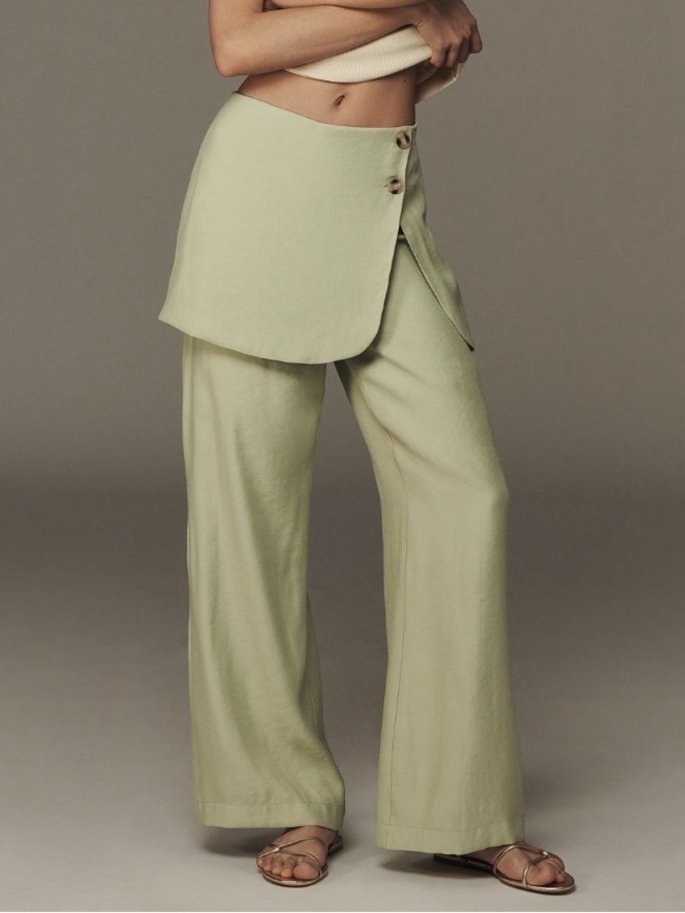 High-Waist Wrap Overlay Wide-Leg Pants - Sage Green